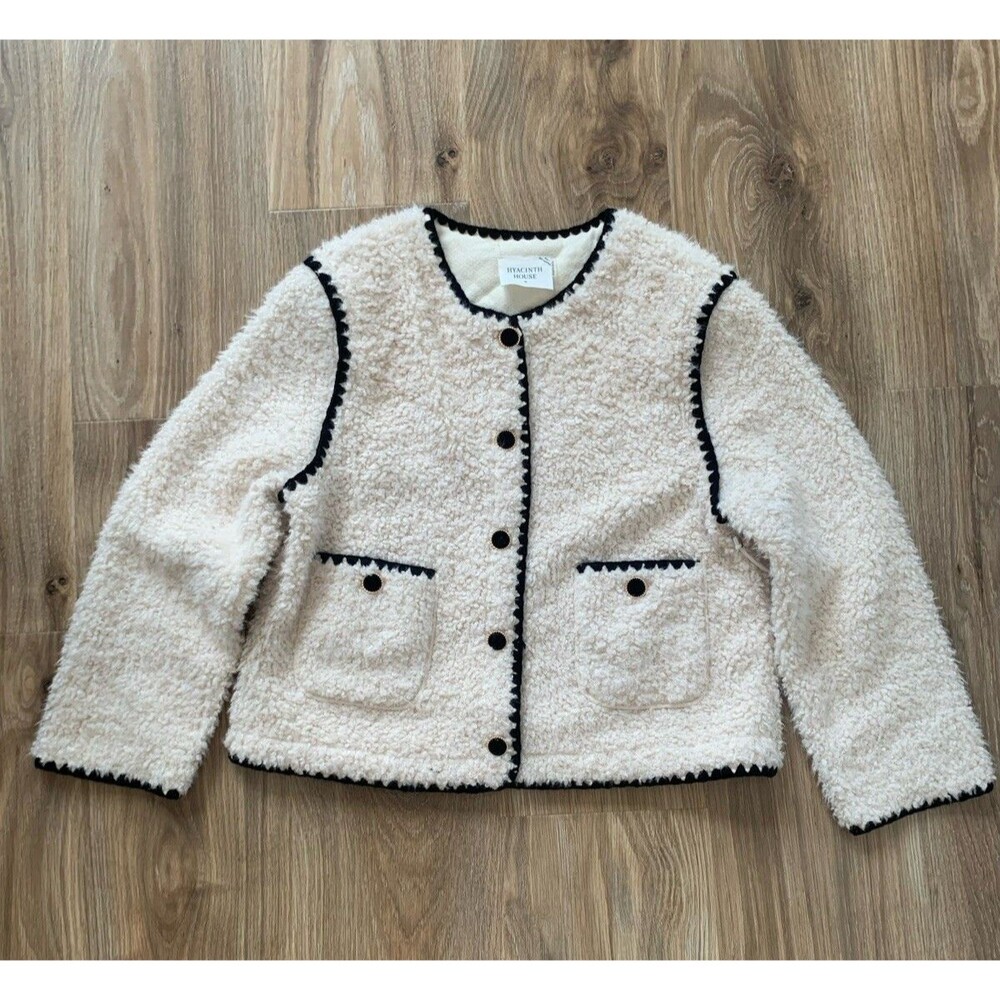 Tuckernut Hyacinth House Womens M Ivory Boucle Jacket Black Trim Gold Buttons NW
